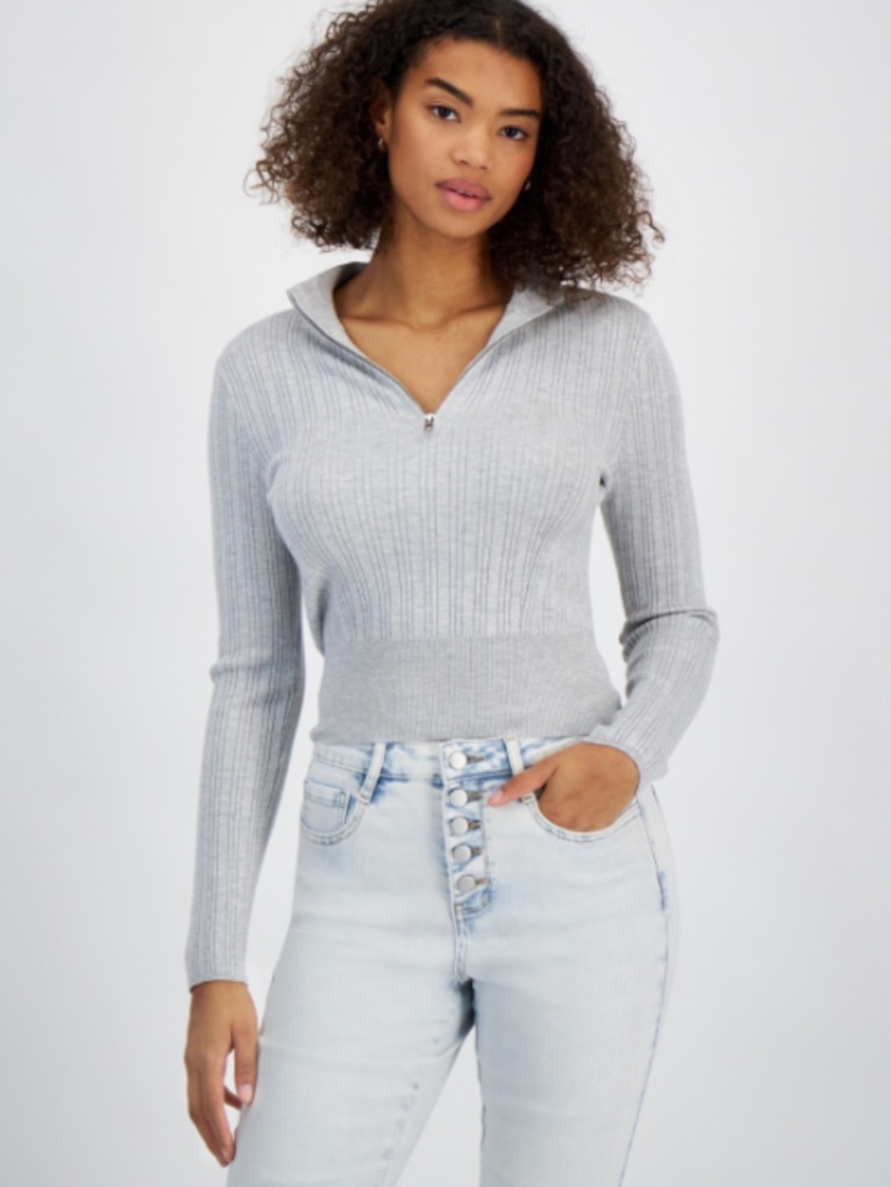 Hooked up by Iot Juniors' Quarter-Zip Mock-Neck Sweater - Grey SIZE M NWT